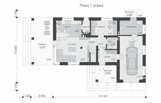 Двухэтажный дом с террасой, балконом и гаражом на 1 машину